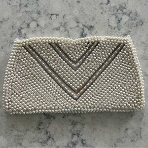 RARE Vintage Pearl Beaded Clutch W/ Silver Arrows‎ Handmade In Japan Great Cond